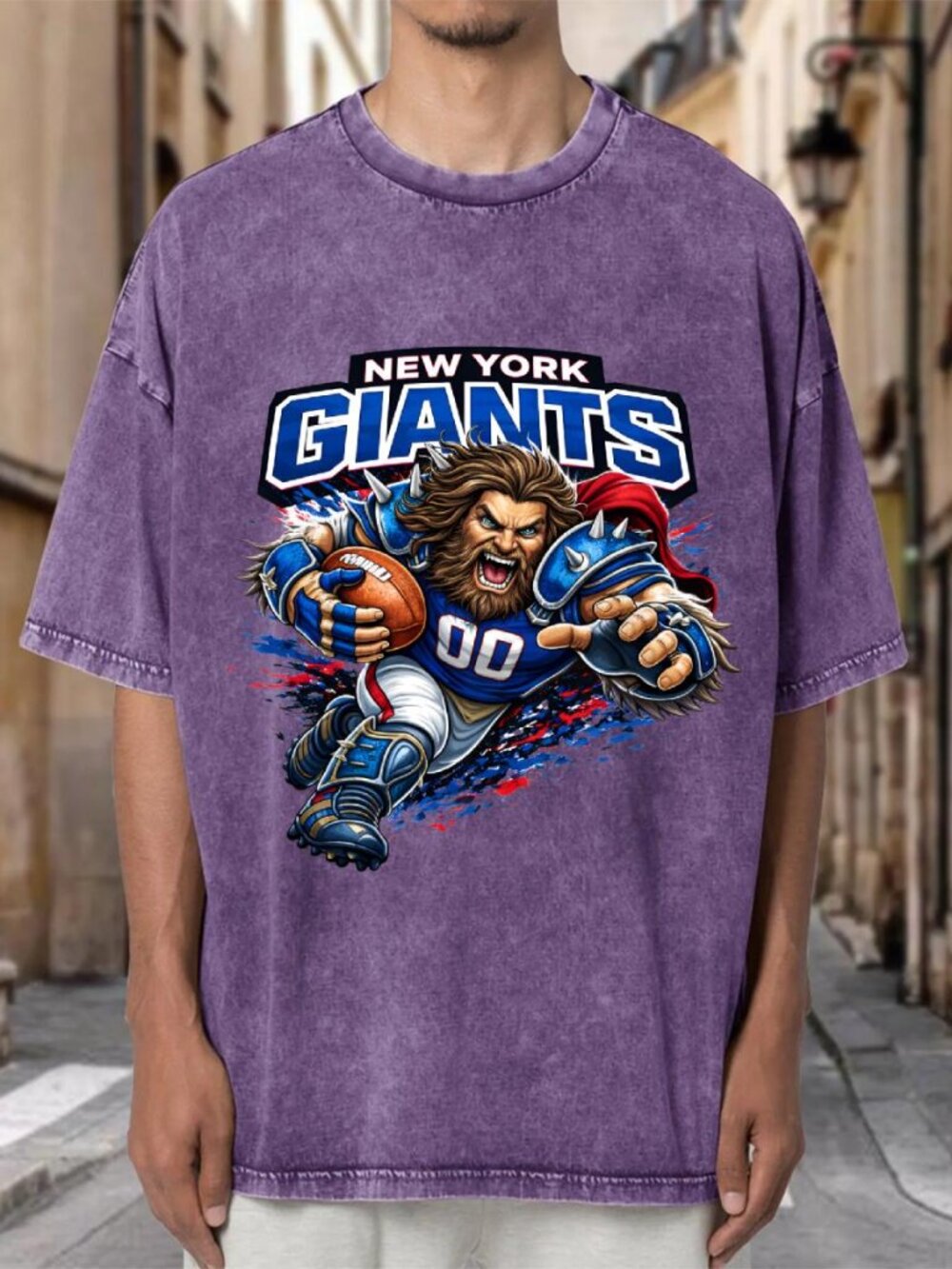 New York Giants Mascot NFL Purple Mineral Wash Oversized Tee ITJOFATV7504